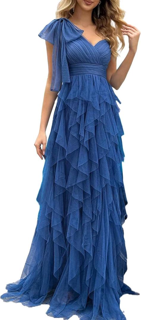 Summer Women Tulle Prom Dress Elegant Bow One Shoulder Slit Evening Party Gown Wedding Guest Bridesmaid Maxi Dress (XX-Large, #1 Haze Blue)