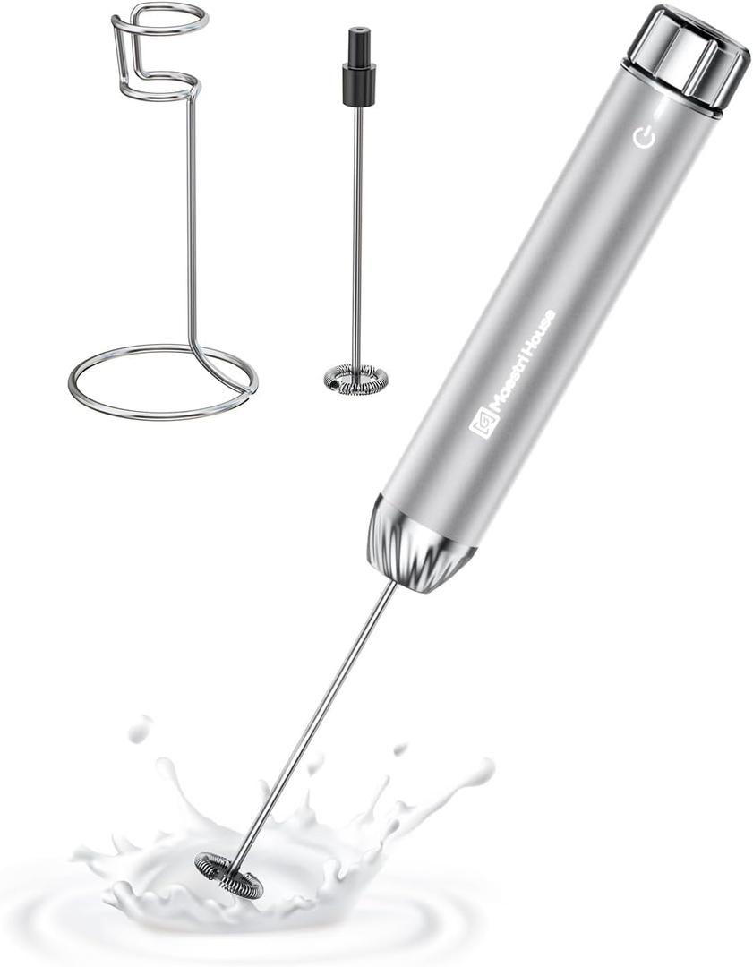 Maestri House Rechargeable Milk Frother with Stepless Speed Control, LunaFro Max Handheld Electric Foam Maker Waterproof Drink Mixer Foamer with Stand & Detachable Whisks for Lattes, Cappuccino (Silver)