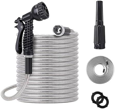 75ft Metal Garden Hose Stainless Steel Heavy Duty Water Hose With 2 Nozzles, No Tangle and Kink, Lightweight & Flexible, Tough and Pet Proof, Metal Garden Hose for Yard, RV, Garden, Outdoor, 2 pcs