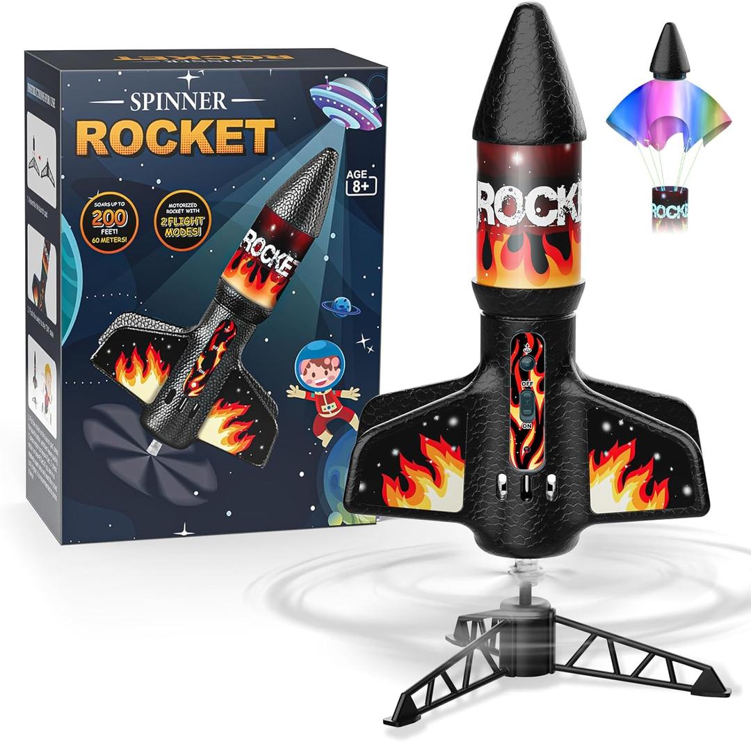 Rocket Launcher for Kids, Self Launching Motorized Air Rocket Toy, Outdoor Toys for Ages 8-12, Model Rockets with Parachute Safely Land, Spaceship Launch up to 200 ft Birthday Gifts for Boys (Flame)