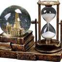 LED Music Snow Globe with Hourglass Vintage Castle Paris Eiffel Tower Home Decoration for Living Room Bedroom Book Shelf TV Cabinet Desk Table Top Decor Centerpieces Ornaments (B  Brass)