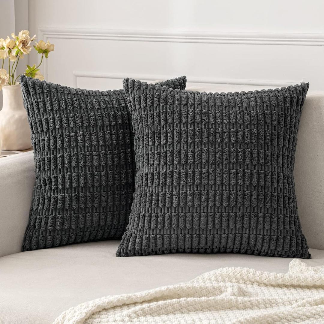 MIULEE Pack of 2 Corduroy Decorative Throw Pillow Covers 20x20 Inch Soft Boho Striped Pillow Covers Modern Farmhouse Home Decor for Sofa Living Room Couch Bed Dark Grey (20" x 20" (Pack of 2), Dark Grey)