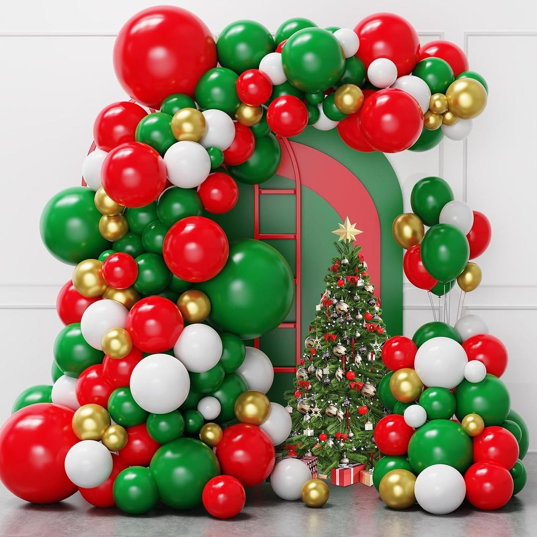 Christmas Balloons Arch Kit Garland, 131Pcs Red Green White Balloons Different Size, Red Green Gold Latex Balloons for Christmas New Years Party Decorations