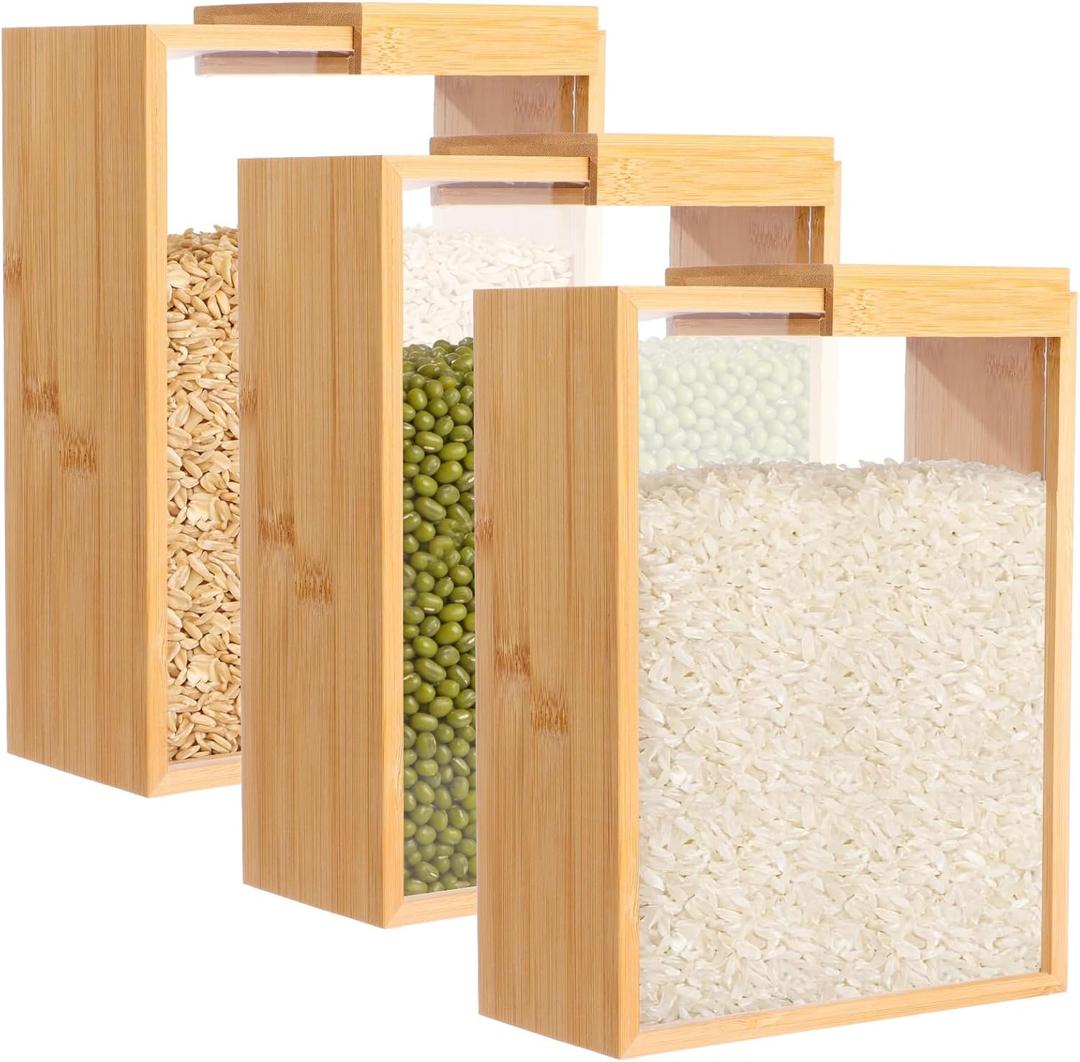 3 Pcs Wooden Cereal Storage Boxes, 8.7 x 6.8 x 3.1 in Dry Food Dispenser with Slide Lid, Visible Window, Wood Food Storage Container for Kitchen, Pantry Organization