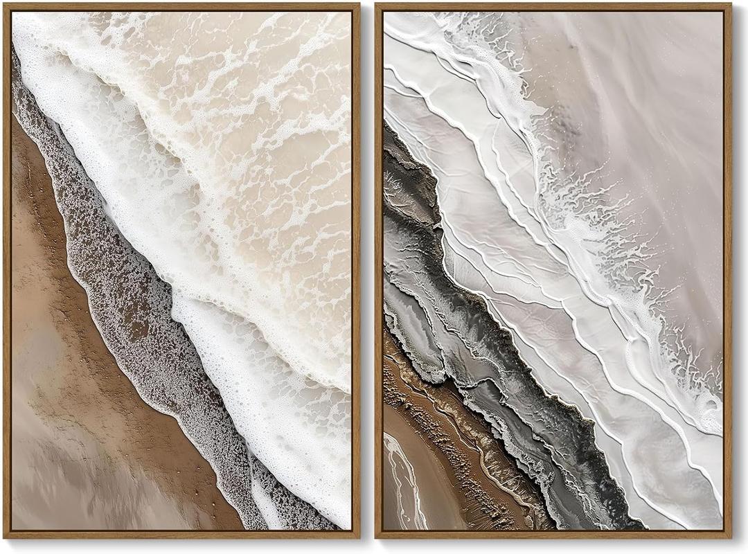 Framed Coastal Beach Wall Art Seawave Beachy Texture Pictures Wall Decor Boho Abstract Ocean Scenery Painting Prints Modern Seascape Artwork for Living Room Bedroom Home Office Decor, 16"x24"x2Pcs