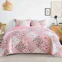Whale Flotilla Patchwork Quilts Queen Size, Extra Soft Boho Floral Bedspreads for Bed Reversible Lightweight Full Queen Quilt Bedding Set Printed Coverlets with 2 Pillow Shams for All Seasons, Pink