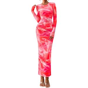 PRETTYGARDEN Wedding Guest Dresses for Women Spring Long Sleeve Ruched Bodycon Floral Mesh Cocktail Party Fall Maxi Dress (Orange, XL)