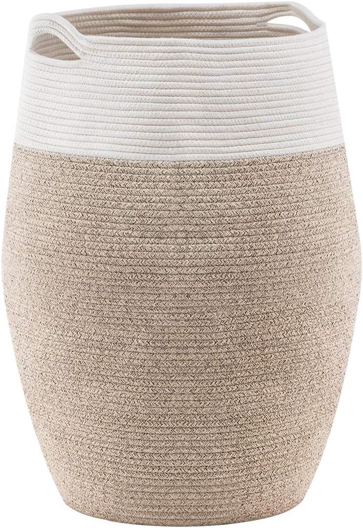 Cotton Rope Laundry Hamper by YOUDENOVA, 105L - Woven Collapsible Basket Clothes Storage for Blankets, Room Organizing, Bedroom Storage,  Brown & White