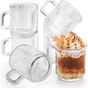 6 Pack Premium Glass Coffee Mugs with Handle, 12 Oz Classic Vertical Stripes Glass Tea Cups, Transparent Ribbed Beverage Mugs, Clear Vintage Glassware Set for Hot Cold Americano, Cappuccino