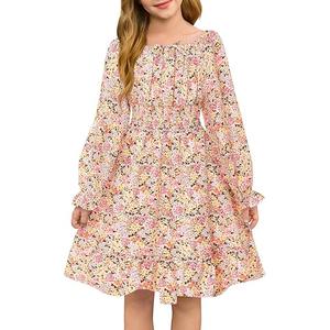 Haloumoning Girls Fall Long Sleeve Floral Dresses Kids Square Neck Smocked Holiday Party Dress 7-8 Years Red Yellow