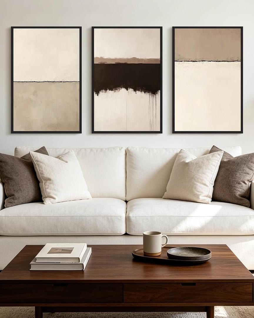 KUVIOKE Abstract Framed Wall Art Beige Gray 24x36in Black Framed, 24 x 36in x 3 Panels Black