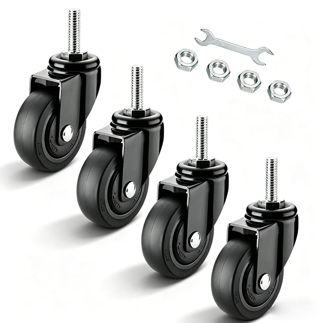 1.5/2 Inch Heavy Duty Caster Wheels,with No Brake Stem Castors,M6/M8/M10 Threaded Stem,TPE Rubber Casters with 360 Degree No Noise,for Small Mini Shopping Carts and Funiture,Set of 4(2in M6x15)