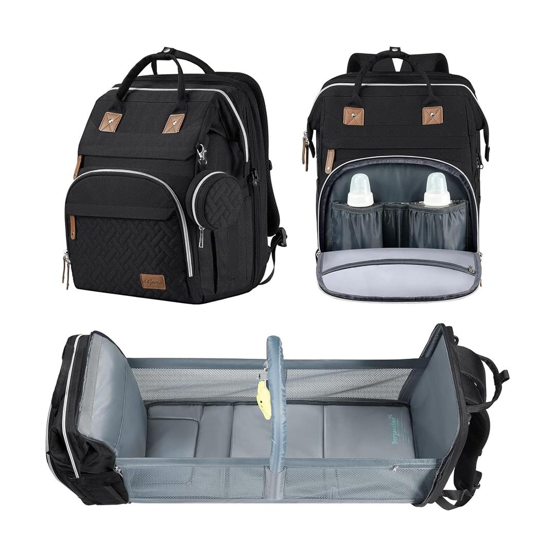 DERJUNSTAR Baby Diaper Bag Backpack, Diaper Changing Station, Baby Bags for Boys Girls, Waterproof Changing Pad, USB Charging Port, Pacifier Case, Sunshade and Toy Bar, (Diamond Black)