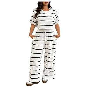 GORGLITTER Women's Plus Size Pajamas Set 2 Piece Floral Print Short Sleeve Tee with Long Pants Lounge Pj Sets Black and White Large Plus