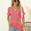 TICTICMIMI Women's V Neck Ruffle Short Sleeve Tops Summer Casual T Shirts (Blue)