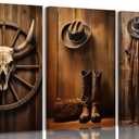 3pcs Vintage Western Cowboy Canvas Wall Art Cow Skull Cowboy Hat Boots Guitar Wooden Wheel Paintings Pictures Wall Decor Country Modern Posters Prints Artwork for Home Office Bedroom Home Decoration (16L''x12W'')