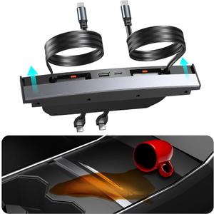 Upgrade Tesla USB Hub for Tesla Model 3&Y Waterproof - 4Ports Fast Chargr for Model Y/3 Accessories 2023 2022 2021 Retractable Docking Station, 2 Type-C Fast Charging Cables (Not Fit Model 3 2024)