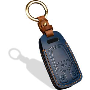 OLLEN Screws-Free Genuine Leather Key Fob Cover, Fit for Audi A3 A4 A6 Q5 Q7 SQ5 S5 TT R8,etc, Leather Smart Remote Key Protector, 3 Buttons, A Style, Blue