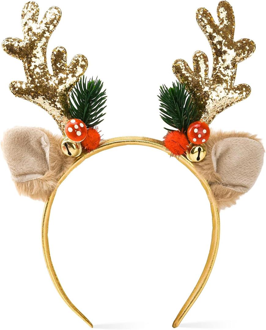Christmas Headbands, Christmas Glitter Elk Antlers Headbands, Cute Xmas Hair Bands Holiday Party Gift for Girls Women (Gold)