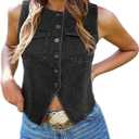 Tankaneo Womens Going Out Denim Vest Tops Trendy Cropped Sleeveless Button Down Fitted Jean Tank Tops Y2K Waistcoat, Black, Medium