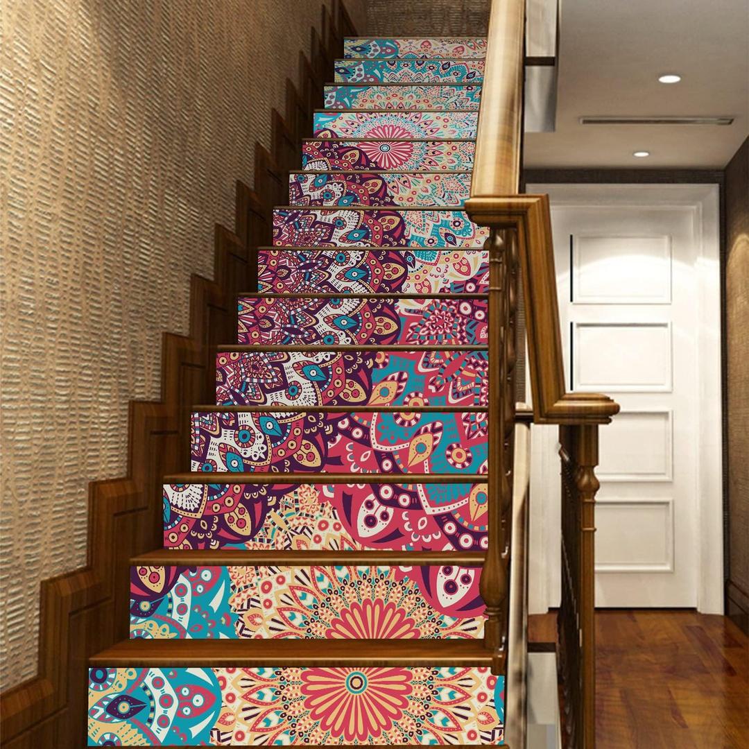 funlife 7PCS Boho Mandala Totem Peel and Stick Stair Riser Stickers, Self Adhesive Vinyl Staircase Riser Decals Decor for Steps, 39.37"X7.09" Multicolor Romany Floral Mandala