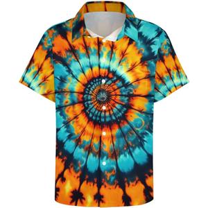 Hawaiian Mysterious Psychedelic Rainbow Totem Tie-Dye Lapel Pocket Short Sleeved Shirt Button Shirt (S)