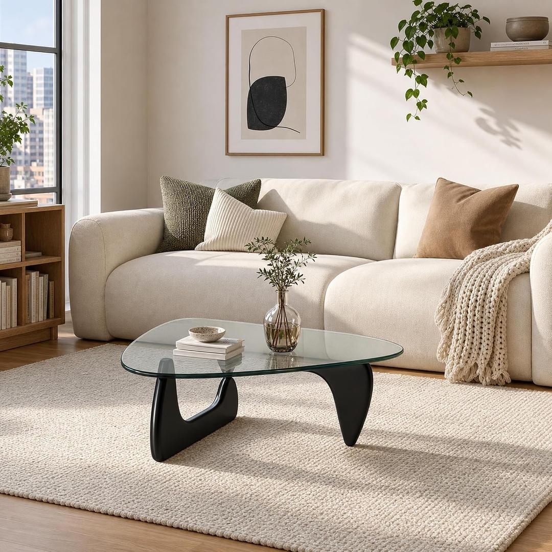 EASYSOUL Modern Glass Coffee Table, 32.68" D x 22.44" W x 15.75" H, Abstract Round Tea Tables for Living Room Home Office Industrial Cocktail Tables (Black-Clear Glass, 32.68")