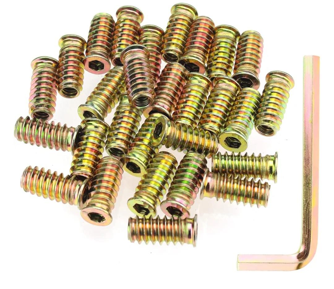 1/4"-20 x 25mm Threaded Inserts, Nut Inserts, Wood Inserts, Zinc Plated Carbon Steel, 1/4-20 Threaded Inserts with Hex Wrench for Wood Furniture Screw, Total 31 Pieces