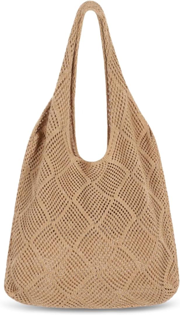 Sightor Crochet Tote Bag, Mesh Beach Bag Knit Summer Hobo Bag Vacation Boho Tote Bag for Women (Brown)