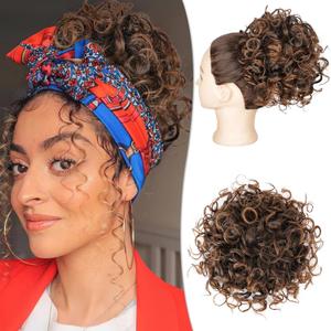 BOGSEA Curly Messy Bun Hair Pieces Elastic Drawstring Curly Hair Buns for Short Thin Hair Synthetic Ponytail Extension hair bun for Women (Black to Auburn Brown)