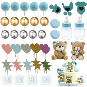 Bear Cake Toppers, Mini 3D Bear Baby Letter Milk Bottle Foam Balls 48 PCS Cake Topper Birthday Party Decoration Boho Mini Gender Reveal(Blue)