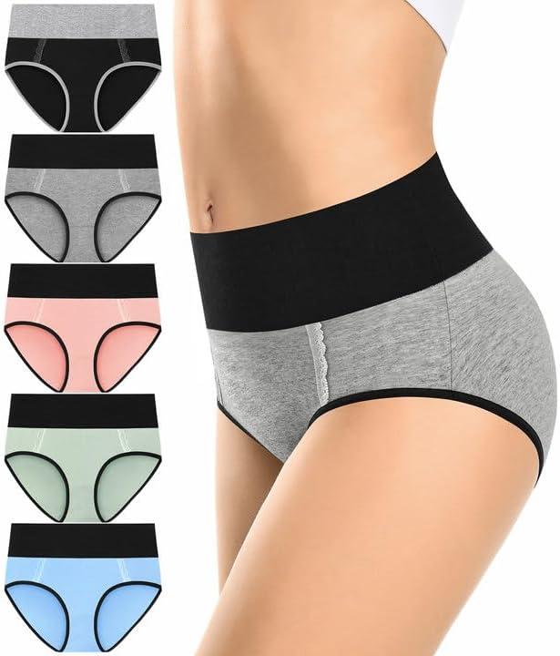 MISSWHO Cotton High Waisted Women's Underwear Soft Stretch Breathable Full Coverage Ladies Panties(Regular & Plus Size) (Large, 5 Pack=multicolor-b)
