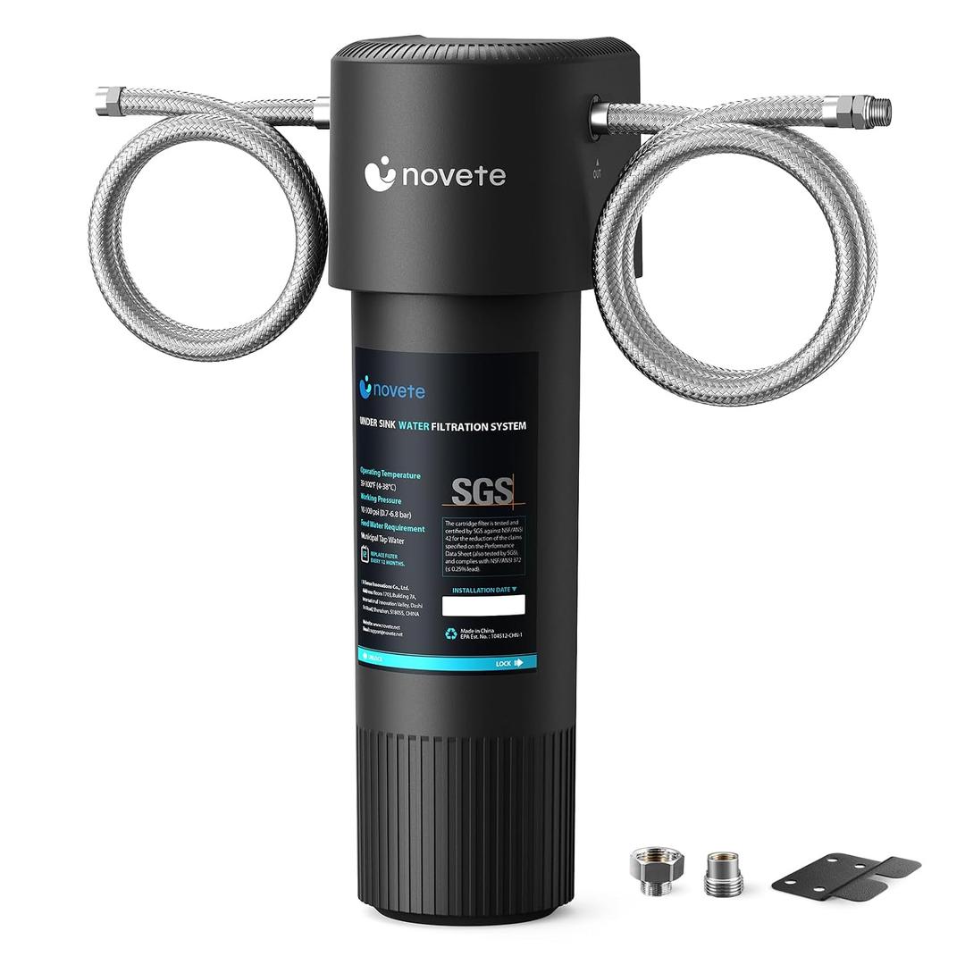 NOVETE Under Sink Water Filter, Upgraded 30K Gallons, NSF/ANSI42 &372 Certified, Reduces 99.5% Chlorine, Lead, PFOA/PFOS, Bad Taste, Direct Connect to Kitchen Faucet, USA Tech, UWF1A-PC-1, Black