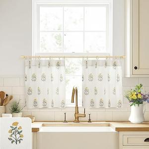 Yellow and Green Kitchen Curtains,Cottage Core Wildflower Meadow Floral French Country Bright Colorful Sunflower Theme Curtains for Bathroom Window, 24 x 18