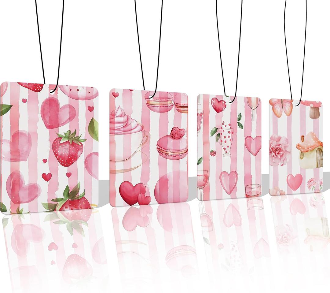 Pink Sweetheart Car Air Freshener 4 Pcs, Cute Watercolor Strawberry Heart Macaron Hanging Air Freshener for Cars Closet Drawer Books, Pink Girly Car Accessories Mirror Decor for Women