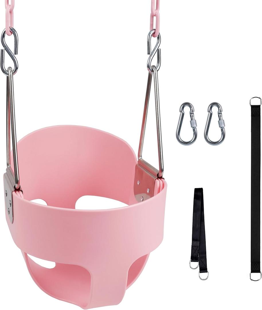 KINSPORY Toddler Swing, 59" Coated Heavy-Duty Iron Chains Baby Swing Outdoor, High Back Full Bucket Infant Swing Seat with Tree Straps for Swing Sets Backyard Outdoor Indoor (Pink)