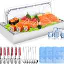 Countertop Ice Food Serving Display Tray with 1 Pan, Portable Salad Bar Buffet Station, Stainless Steel Cold Food Buffet Server with Clear Roll Top Cover, Chilled Serving Tray for Home Party Buffet