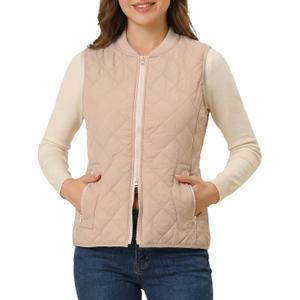 Fuinloth Women's Quilted Vest, Rib Collar Lightweight Zip Padded Gilet Beige XS