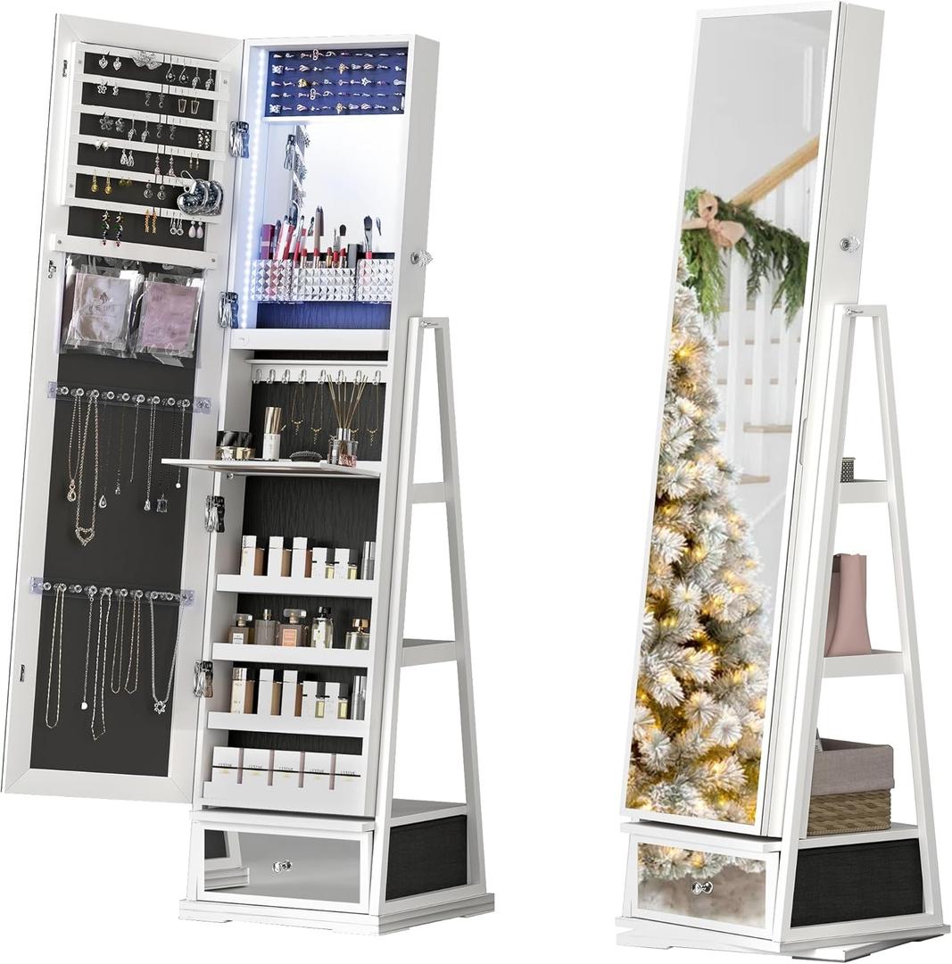 Jewelry Cabinet, 360 Swivel Jewelry Armoire with Storage, Full Length Mirror with LED, Lockable Standing Mirror for Cloakroom, Rotating Shelf and Bedroom, White