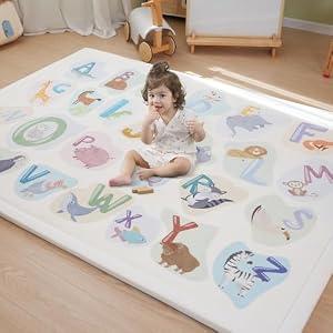 PaPaMat 1.3" Thick Educational Baby Floor Play Mat 79x118, Basic Padded Memory Foam Kids Mat, Large Non-Slip Plush Playmat for Nursery Playroom Classroom (ABC Animal)