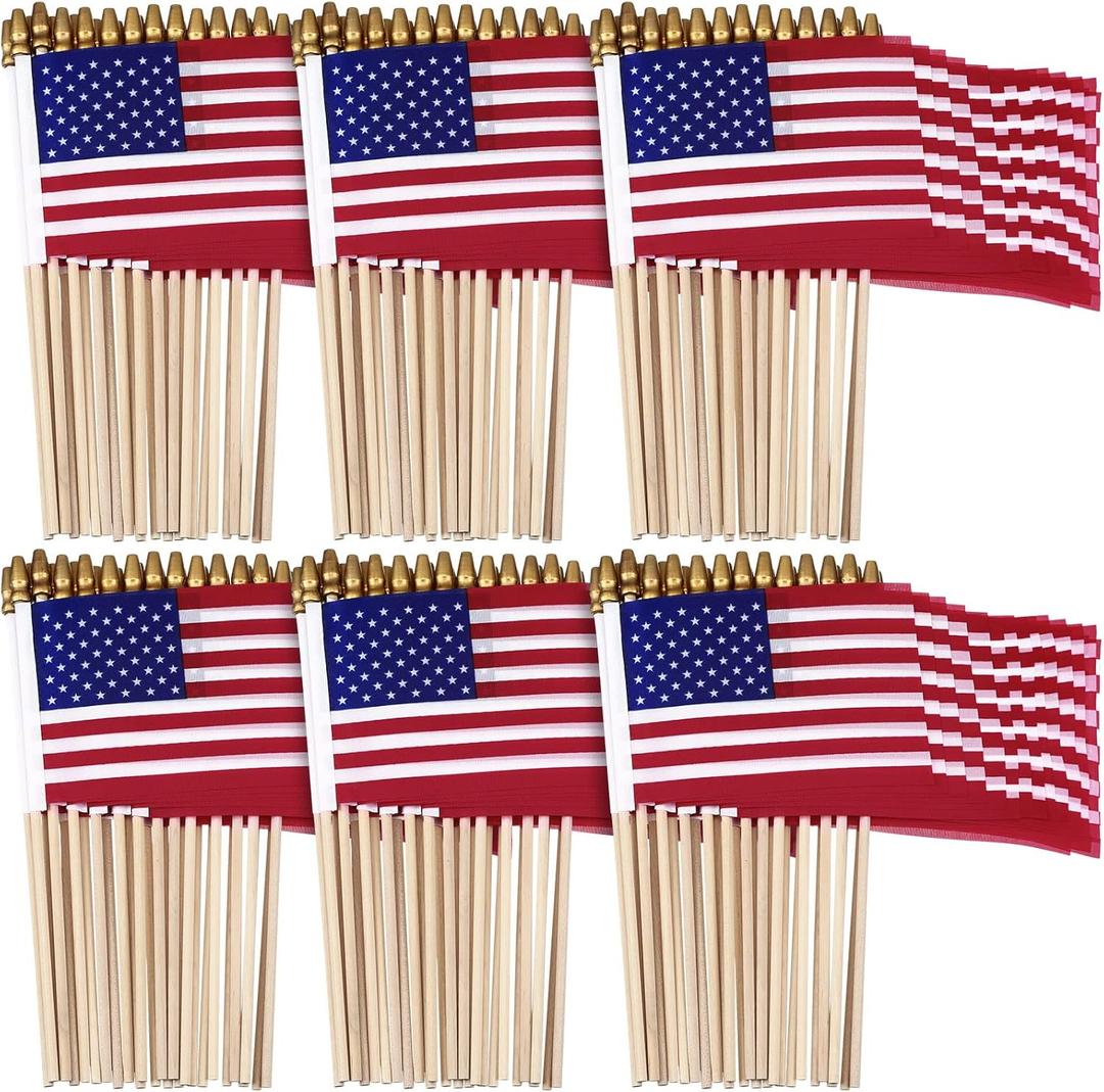 Shimeyao 200 Pack Small American Flags on Stick, 250th Anniversary Mini Handheld Flags Stick with Solid Wooden Pole Safety Spear Tip for 4th of July Patriotic Independence Veterans Day