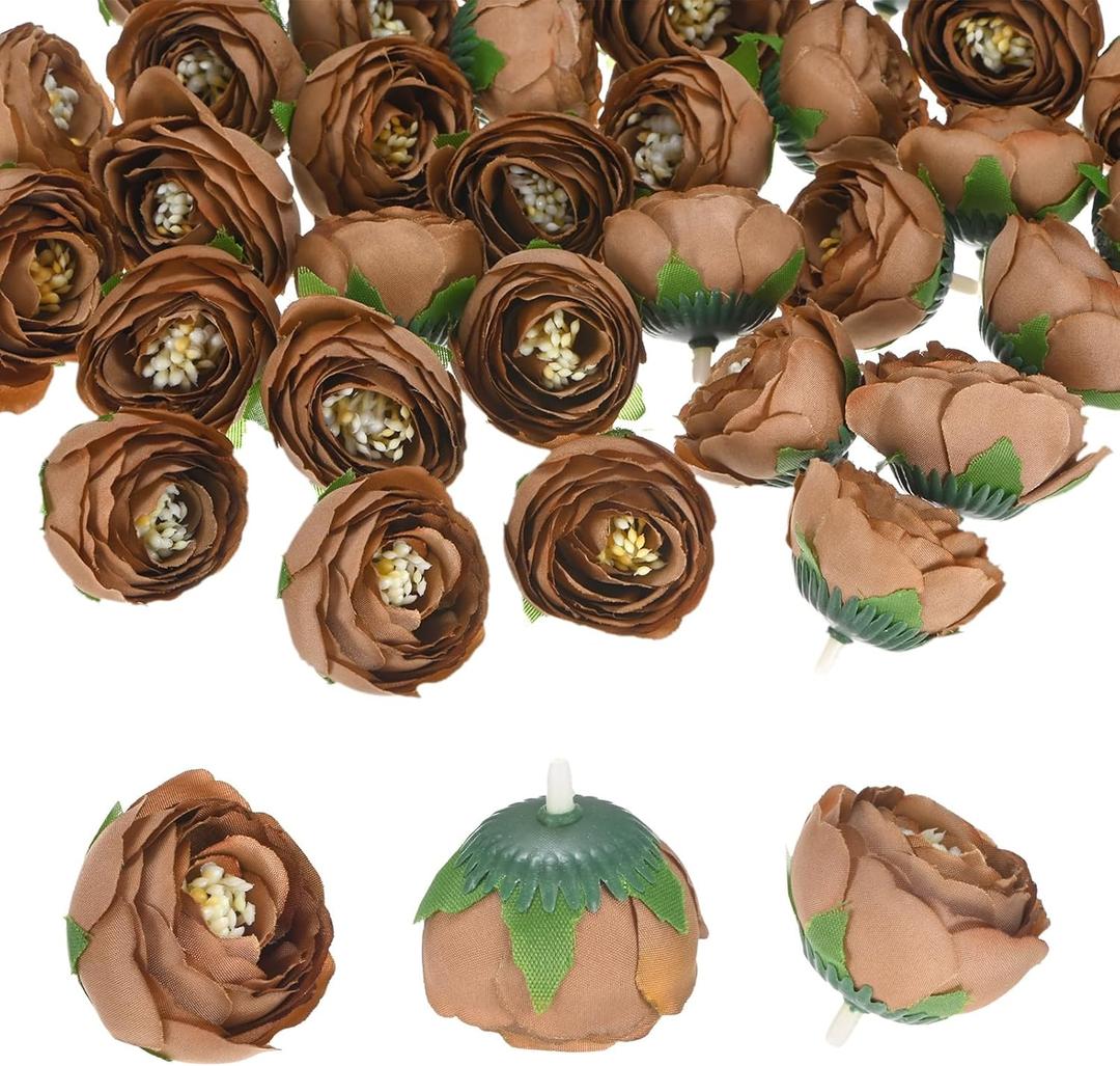 50-Pack Artificial Camellia Heads, 1.3 Inch Silk Faux Camellia Head for Wedding/Bouquet/Flower Wall/DIY Crafts/Party Decoration, Fake Flower Heads Buds [Coffee, 3.5cm]
