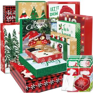 12 Extra Large Christmas Gift Wrap Boxes Bulk with Lids, 12 Tissue paper and 80 Foil Christmas gift Stickers for Wrapping Oversized Clothes (Robes, Sweater, Coat, Shirts) and Xmas Holiday Present