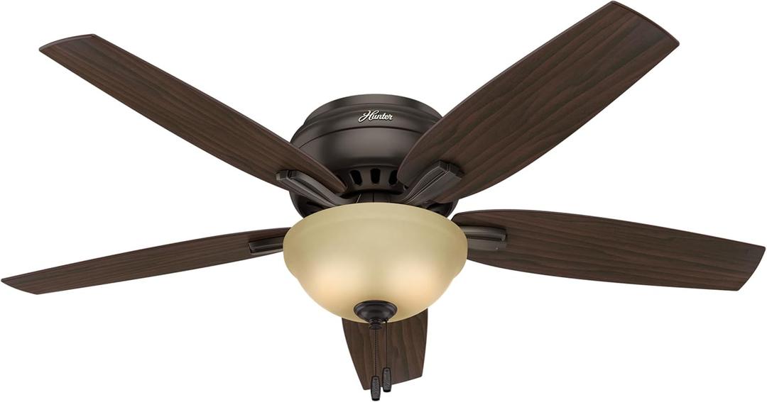 Hunter 52 inch Indoor Ceiling Fan with LED Light - Bronze Ceiling Fan with Pull Chain, For Bedroom or Living Room, Low Profile Mount, No Remote, 5 Blades, Includes Bulbs- Newsome 53314, Premier Bronze