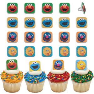 Sesame Street Rings, 24 Cupcake Toppers Featuring Elmo, Big Bird, Cookie Monster, Grover, Bright Colorful Cupcake Decorations, Food Safe - 24 Pack