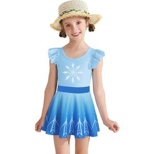 Girls One Piece Swimsuits with Skirt UPF 50+ Floral Bright Bathing Suits for 3-4 Years (Blue Frozen)