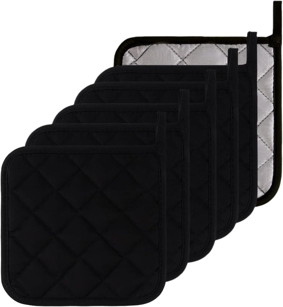 Kitchen Pot Holders Set Heat Resistant Pure Cotton Potholders Kit Trivets Large Coasters Hot Pads Terry Pot Holders for Everyday Cooking and Baking by 7 x 7 Inch Set of 6 Black
