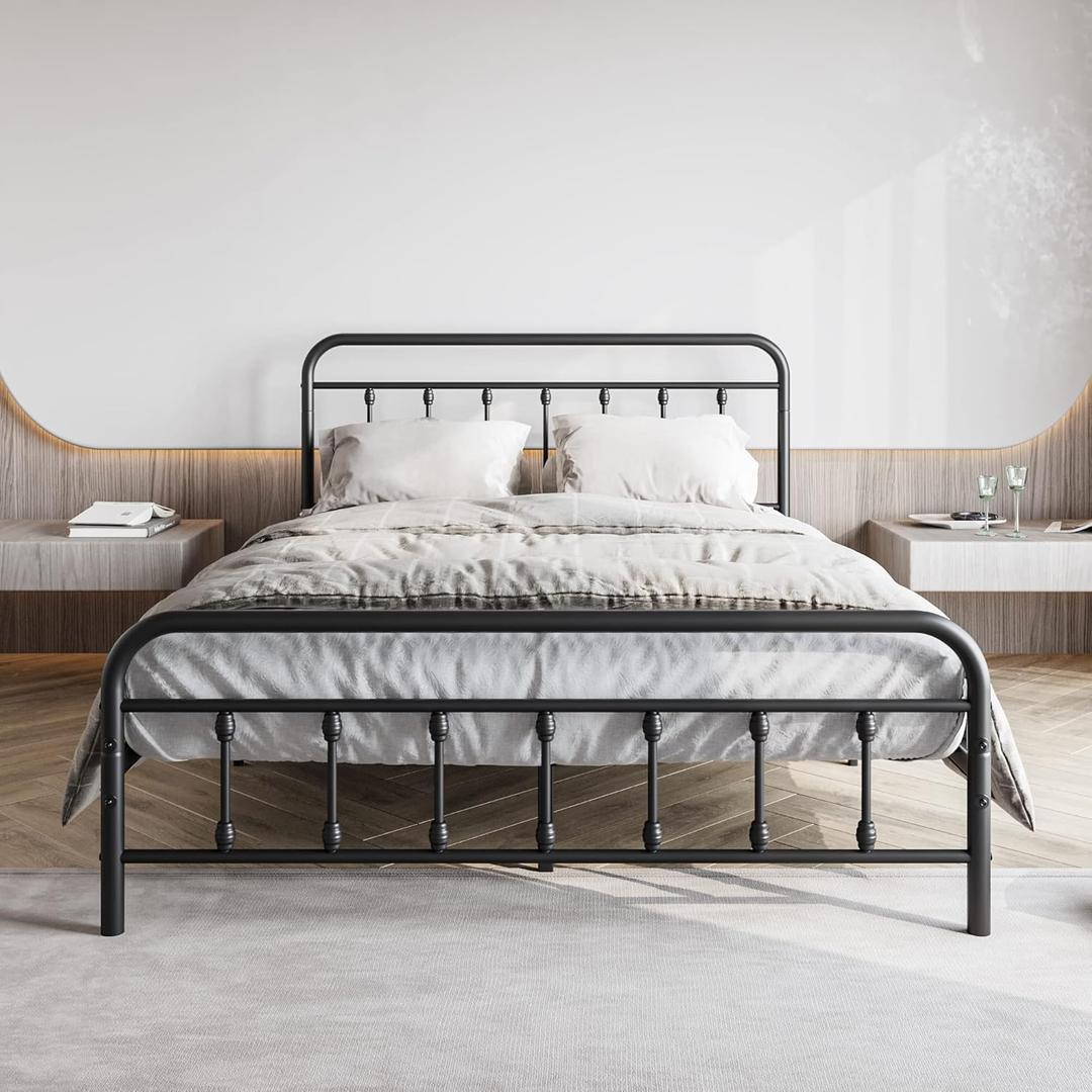 Vintage Queen Size Bed Frame with Headboard and Footboard Mattress Heavy Duty Metal Platform, Steel Slat Support (Queen, Black Sanded)