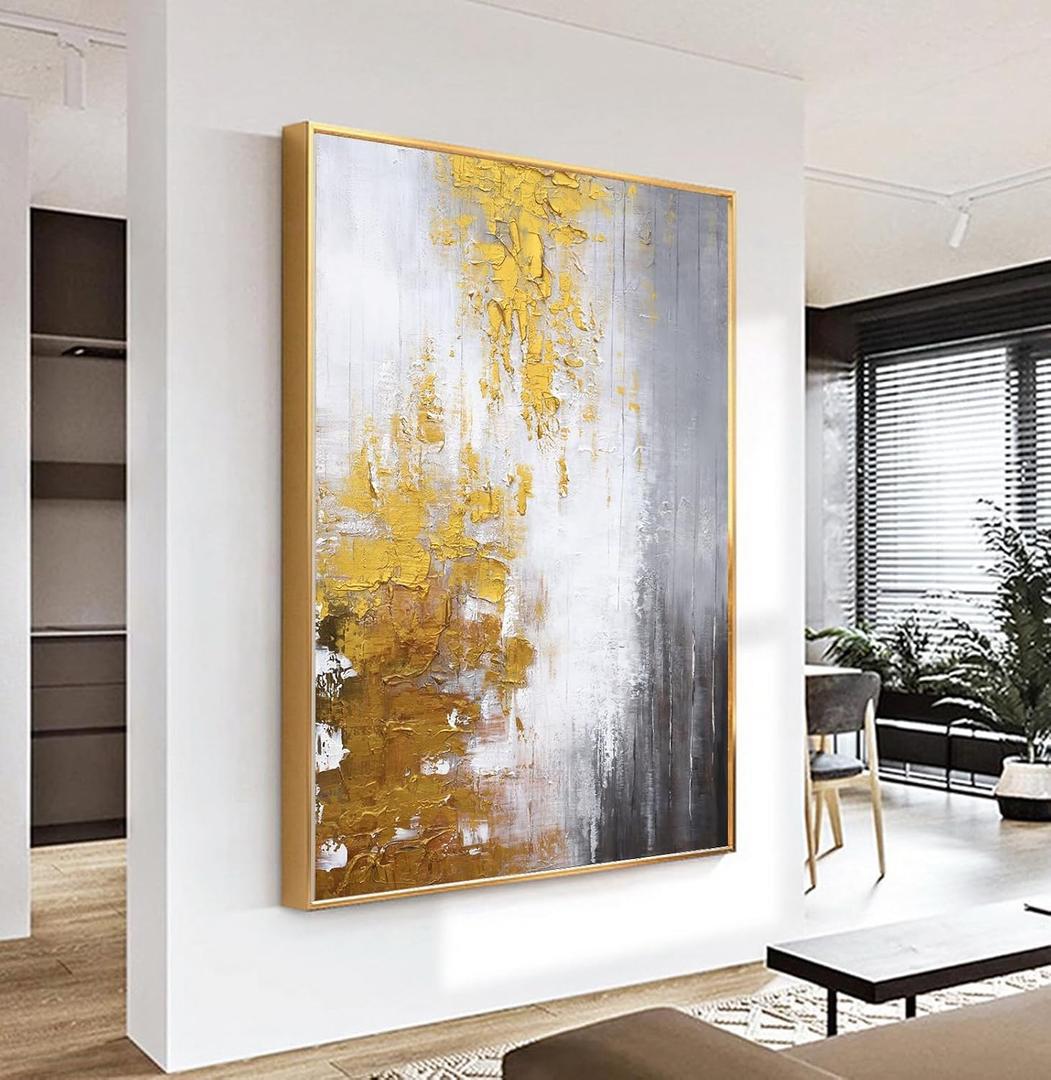 Large 3D Textured Abstract Framed Wall Art for Living Room- Hand Painted Gold and White Abstract Oil Painting for Office-Large Modern Wall Decor for Corridor Stairwell Ready to Hang 32X48inches, 32x48inches x1