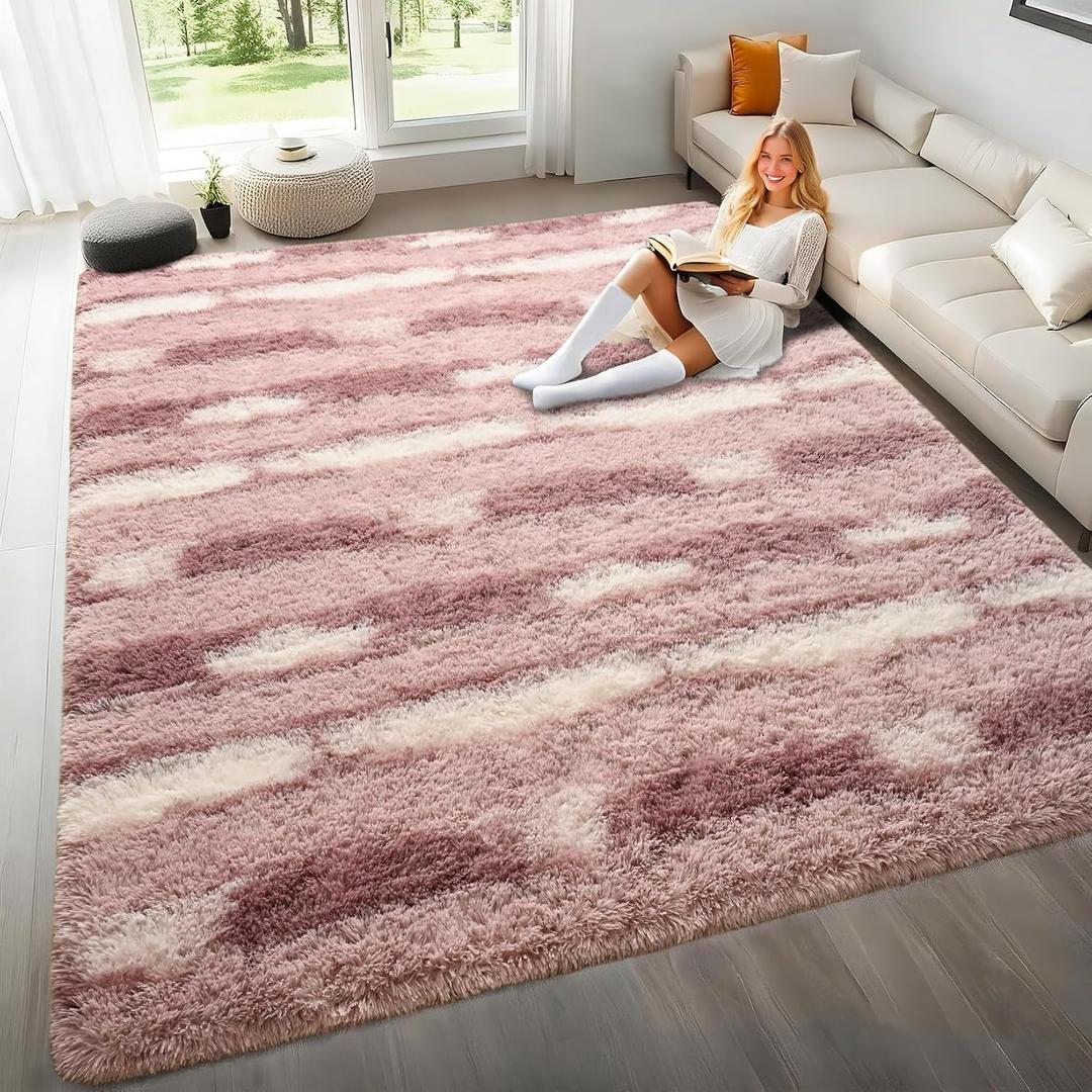 8x10 Feet Area Rugs for Living Room Bedroom,Pink and White Machine Washable Soft Fluffy Shaggy Indoor Rug, Floor Carpet for Girls Boys Kids, Dorms, Nursery Rooms, Home Decor Aesthetic